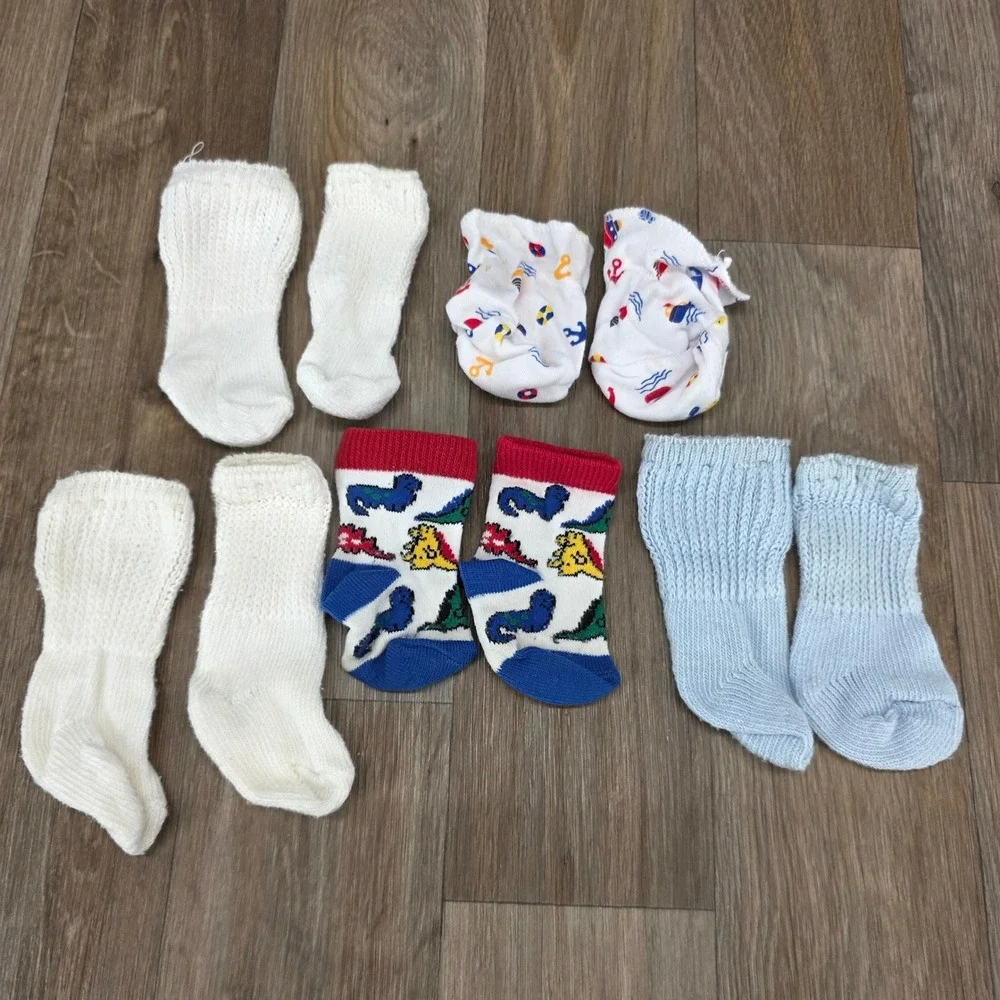 Vtg Baby Boy Sock & Mitten Lot 5 Pairs Dinosaur Nautical Airplane Knit Booties